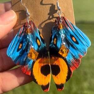 Gold & Blue Butterfly wings with crystal bead Earrings